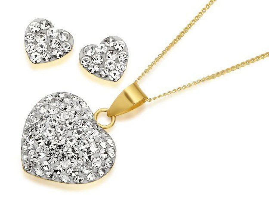 Wholesale * 9Ct Gold Crystal Heart Necklace And Earring Gift Set G5007 Discount Online