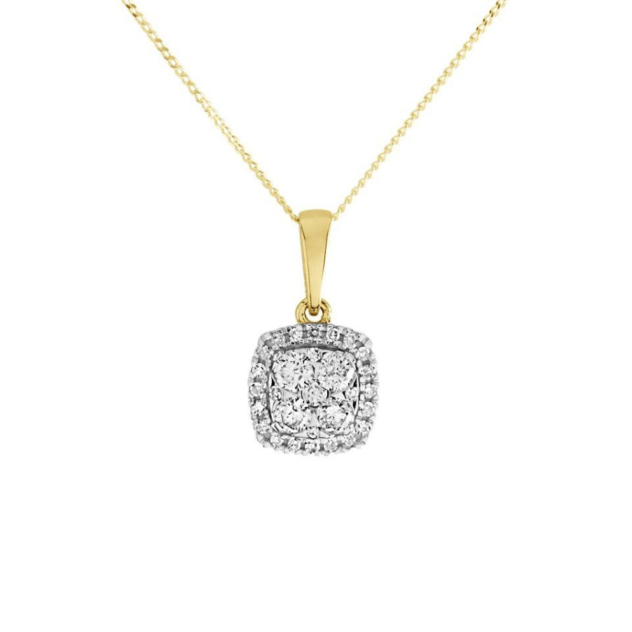 Clearance * 9Ct Gold Diamond Cushion Cluster Necklace 1/4Ct D56123 Closeout Sale