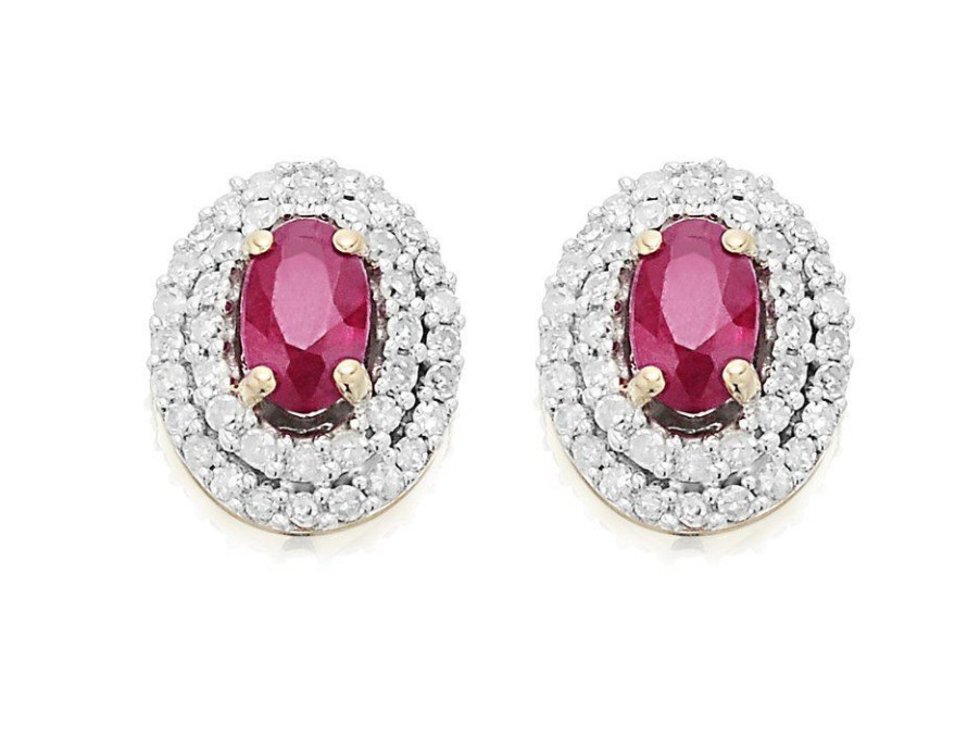 Online * 9Ct Gold Diamond And Ruby Cluster Stud Earrings 1/4Ct Per Pair D5479 Reliable Quality