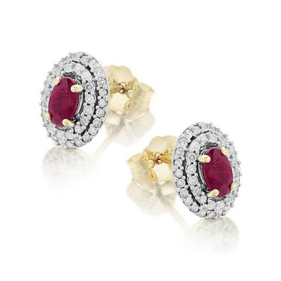 Online * 9Ct Gold Diamond And Ruby Cluster Stud Earrings 1/4Ct Per Pair D5479 Reliable Quality