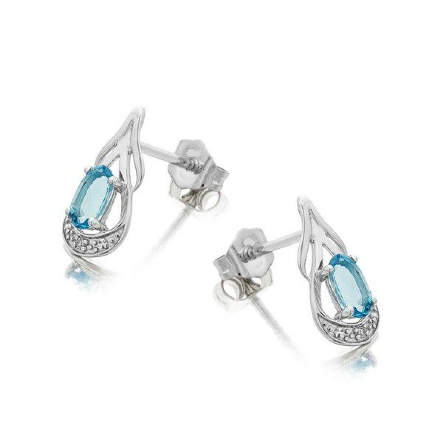 Online * 9Ct White Gold Blue Topaz And Diamond Stud Earring G0457 Outlet