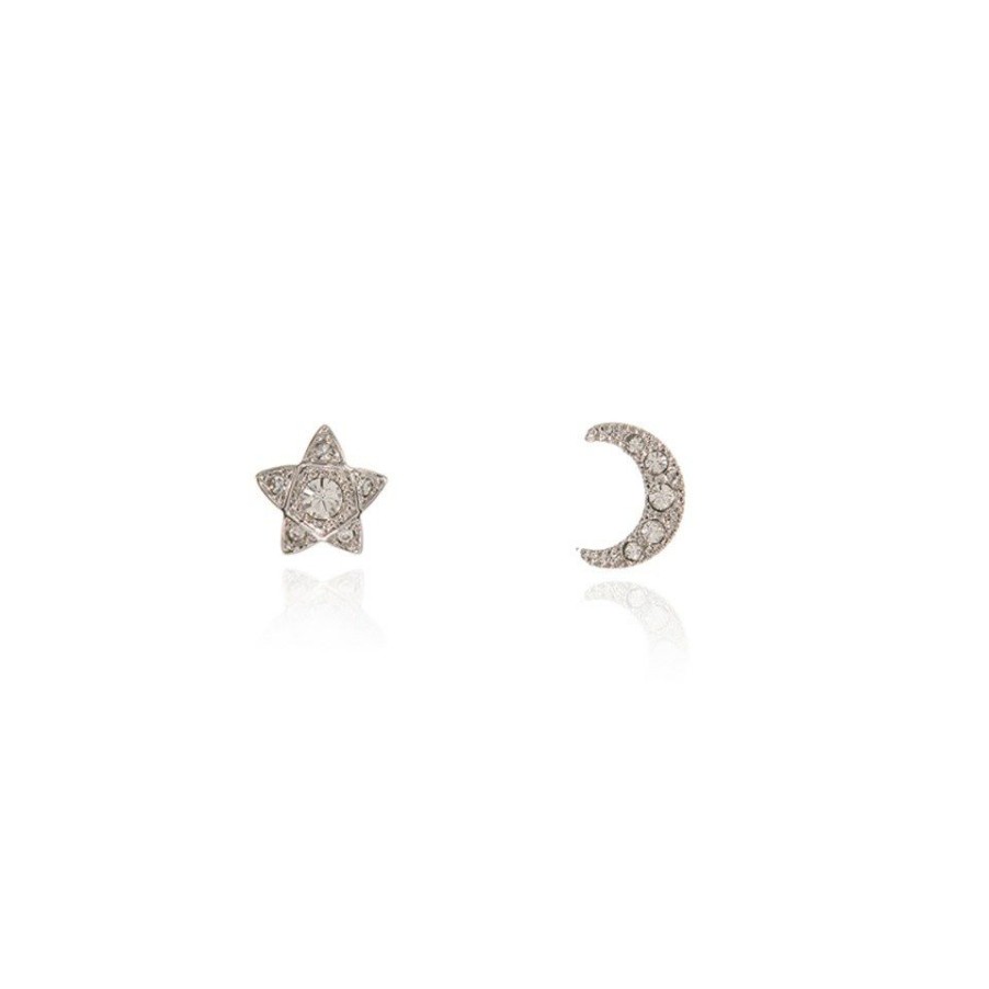 Online * Cachet Silver Tone Star And Moon Crystal Stud Earrings J7422 Excellent