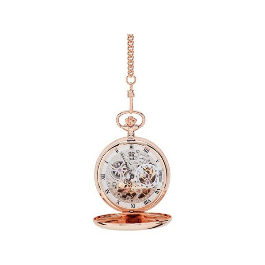 Online * Jean Pierre G250Rpm Rose Gold Plated Double Hunter Pocket Watch And Chain W2216 Popular