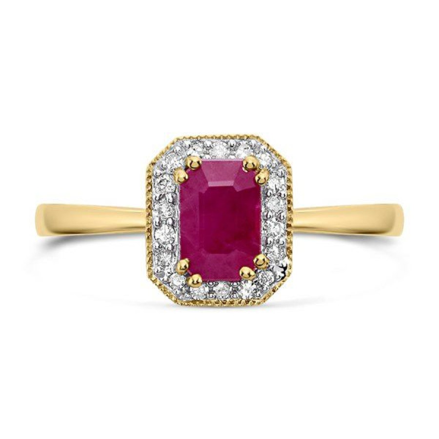 Hot * 9Ct Gold Octagonal Ruby And Diamond Cluster Ring D7434 Cheap