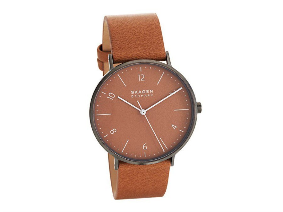 Online * Skagen Skw6726 Gunmetal Ip Cognac Leather Strap Watch W06266 Official