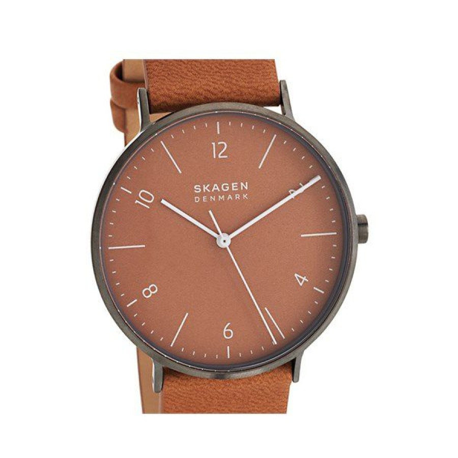 Online * Skagen Skw6726 Gunmetal Ip Cognac Leather Strap Watch W06266 Official