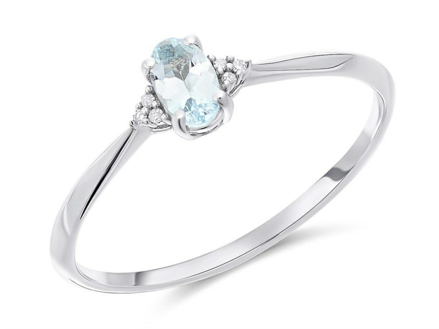 Clearance * 9Ct White Gold Aquamarine And Diamond Birthstone Ring March R0956 Popular