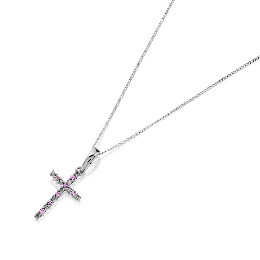 Best * 9Ct White Gold Pink Sapphire And Diamond Cross And Chain D95115 Wholesale