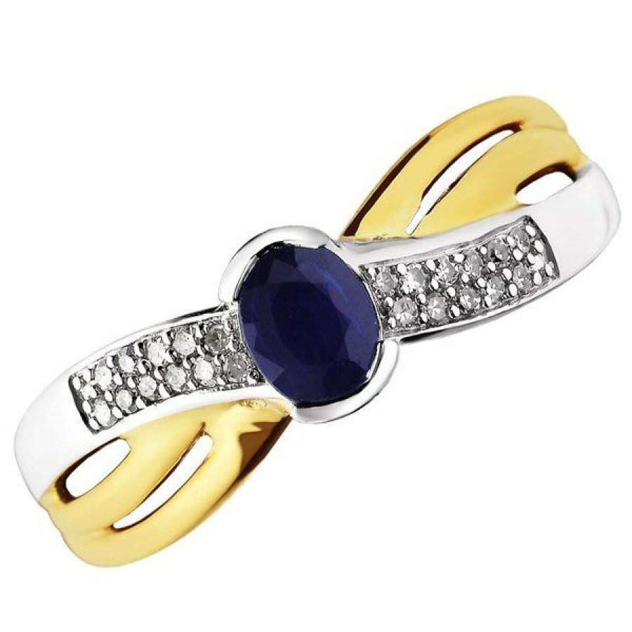 Hot * 9Ct Two Colour Gold Sapphire And Diamond Crossover Ring Exclusive D7761 Excellent