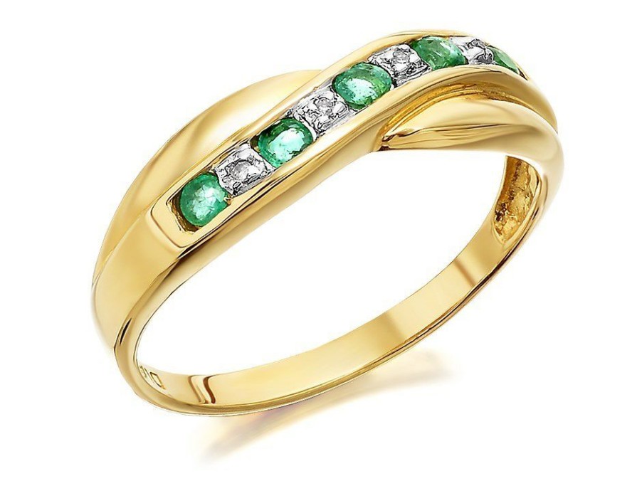 Clearance * 9Ct Gold Emerald And Diamond Crossover Half Eternity Ring D8267 With Discount