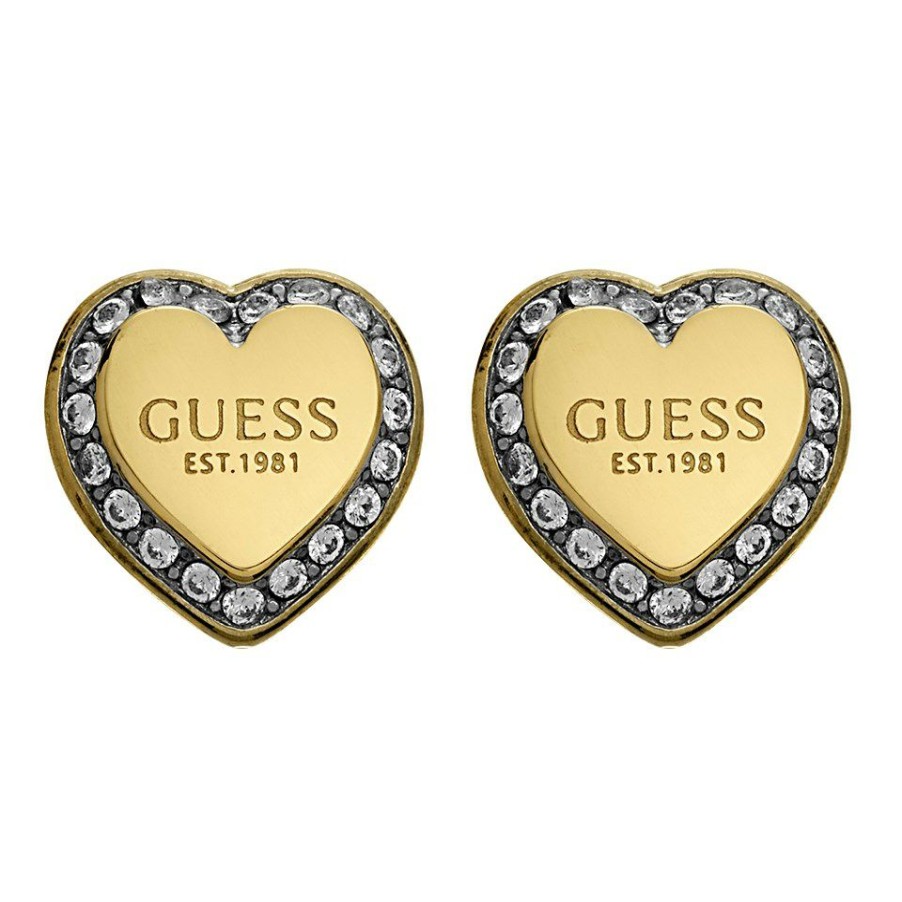 Best * Guess Ube01427Yg Gold Tone Heart Stud Earrings J42437 Limited Edition