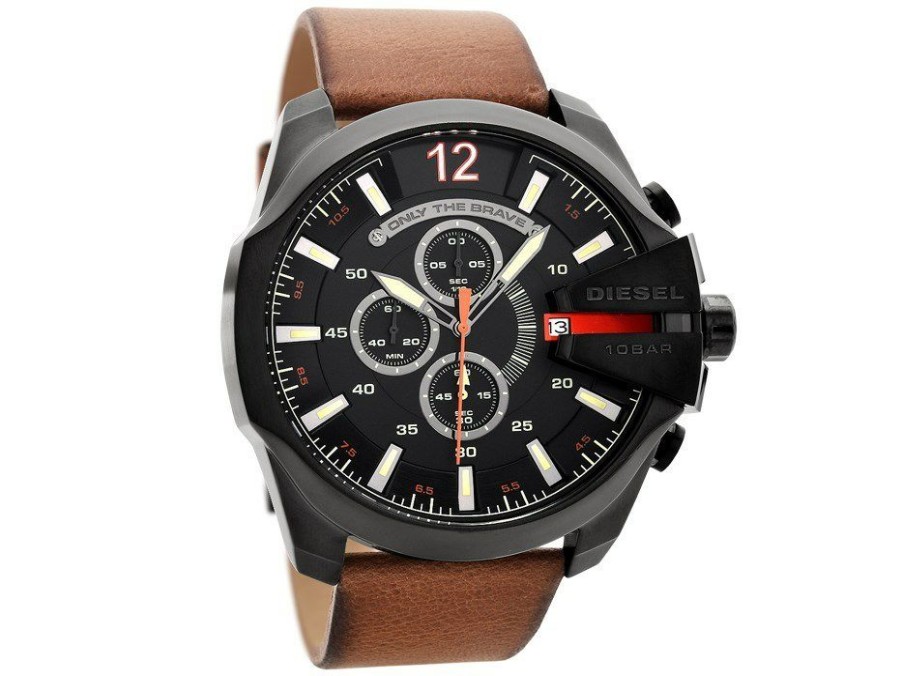 Best * Diesel Dz4343 Mega Chief Black Ip Brown Leather Strap Watch W1185 Cheap