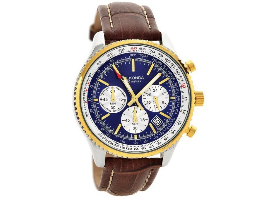 Hot * Sekonda 1055 Two Tone Chronograph Brown Leather Strap Watch W3172 Wholesale