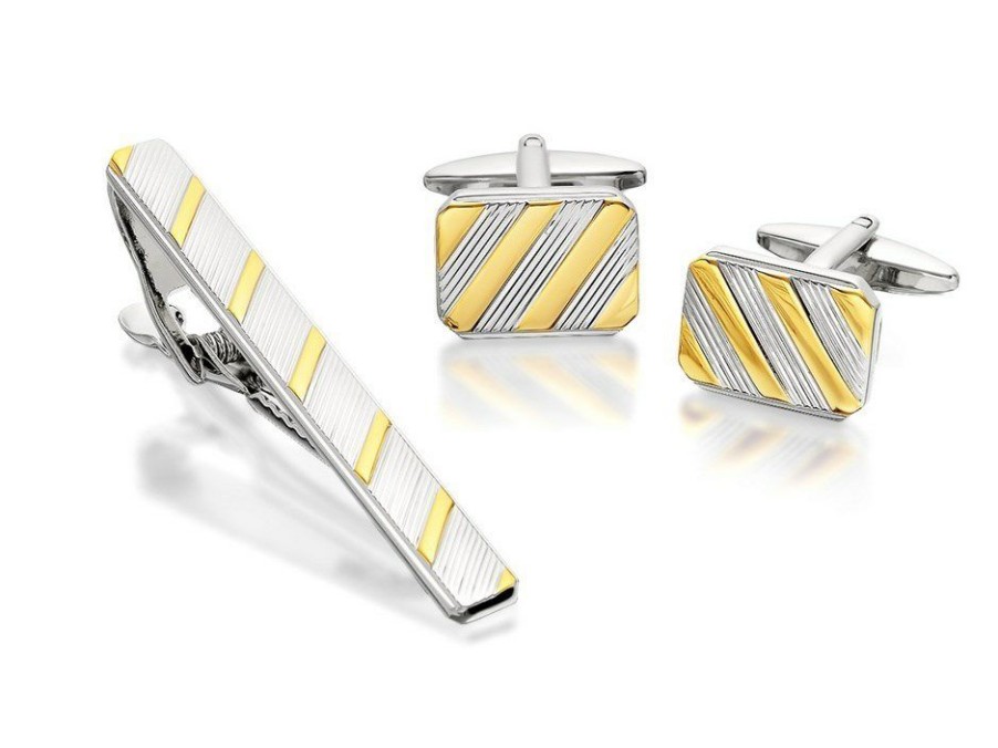 Best * Two Tone Striped Cufflink And Tie Slide Set A4563 Popular