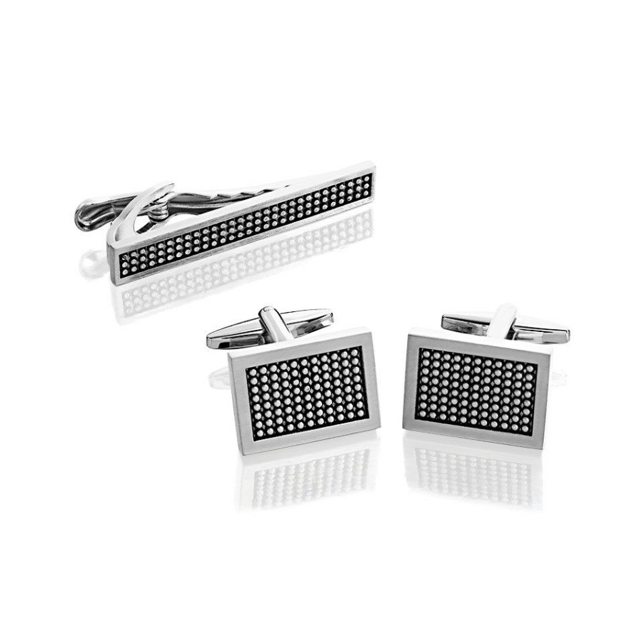 Hot * Brushed Rhodium And Black Enamel Cufflink And Tie Bar Set A45116 Wholesale