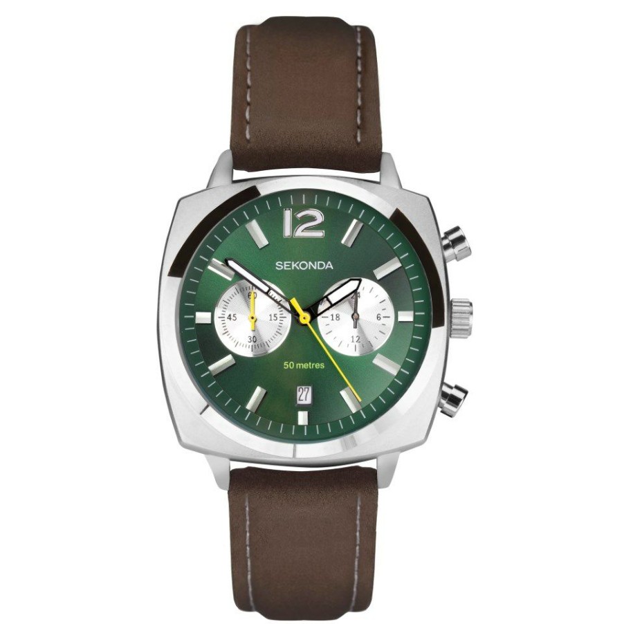 Online * Sekonda 30029 Retro Style Chronograph Green Dial Brown Strap Watch W31297 Popular