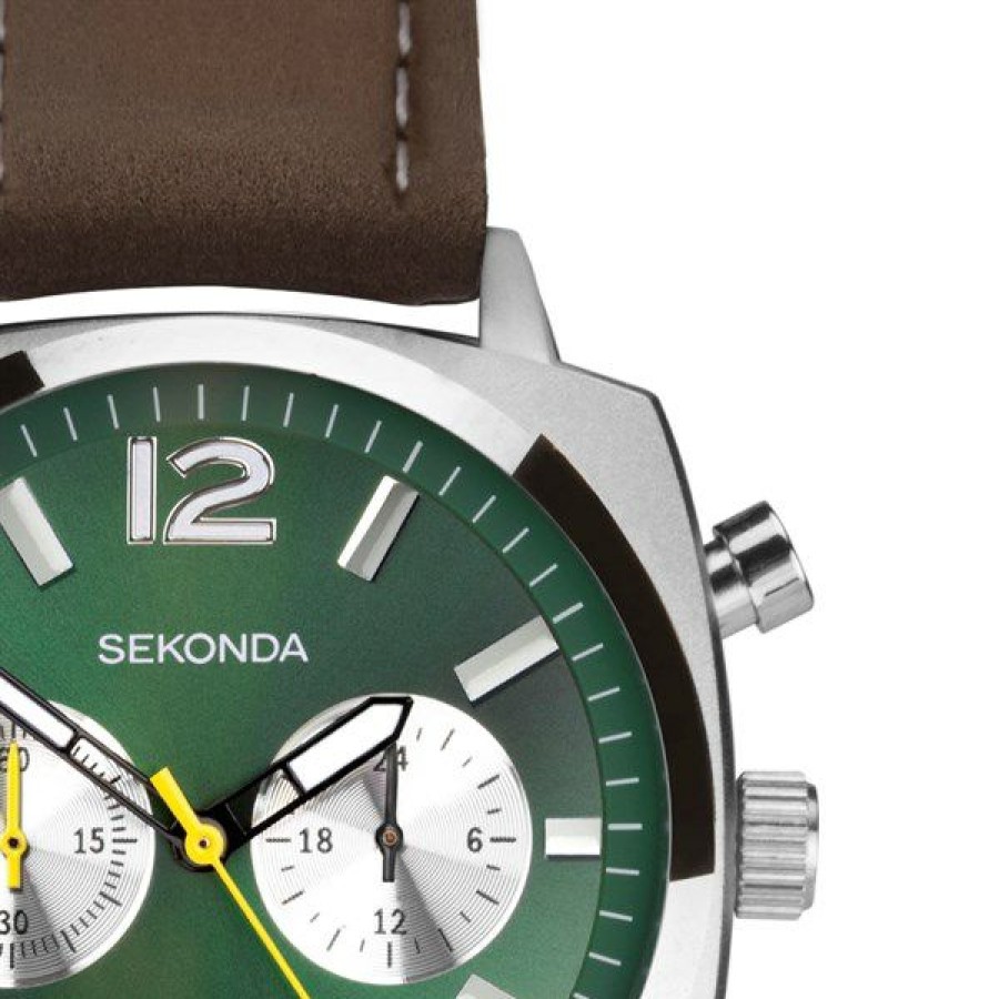 Online * Sekonda 30029 Retro Style Chronograph Green Dial Brown Strap Watch W31297 Popular