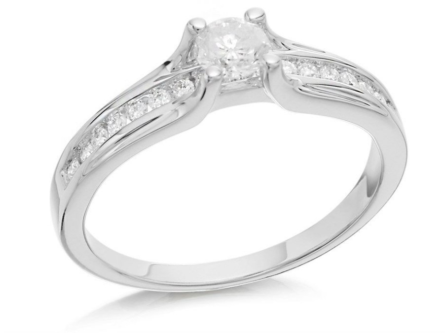 Best * 9Ct White Gold Solitaire And Channel Set Diamond Ring 1/2Ct D6613 Reasonable Price