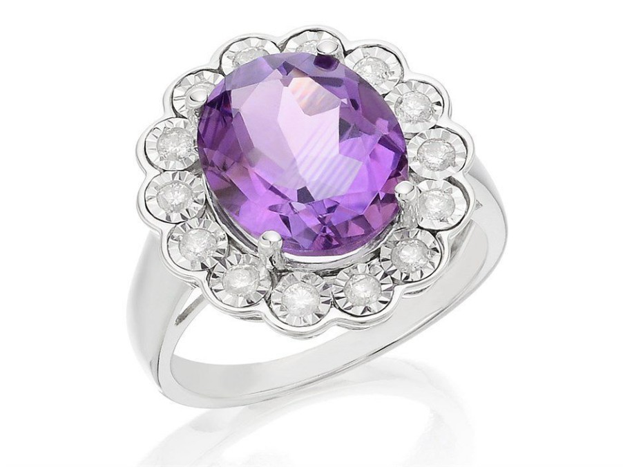 Hot * 9Ct White Gold Amethyst And Diamond Cluster Ring 1/3Ct D63124 Large Choice