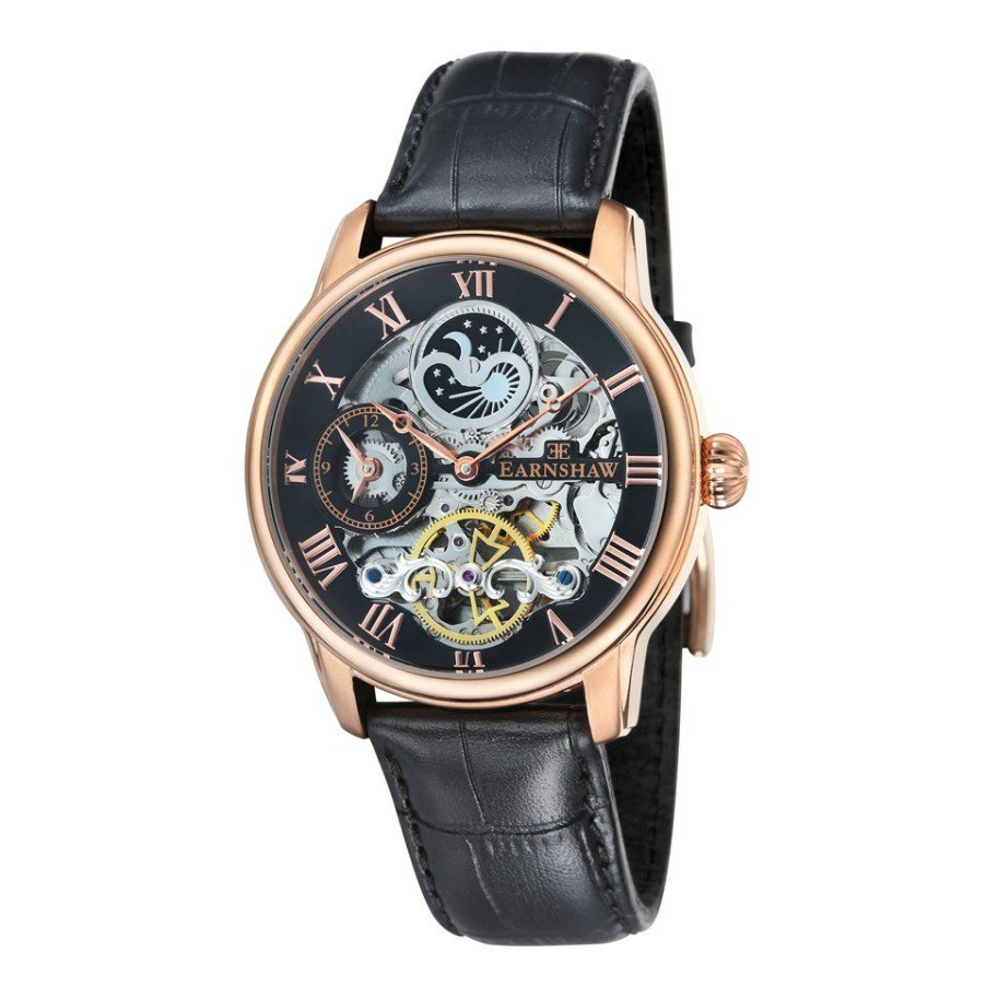 Hot * Thomas Earnshaw Es-8006-07 Rose Gold Plated Automatic Black Leather Strap Watch W3426 Limit Offer