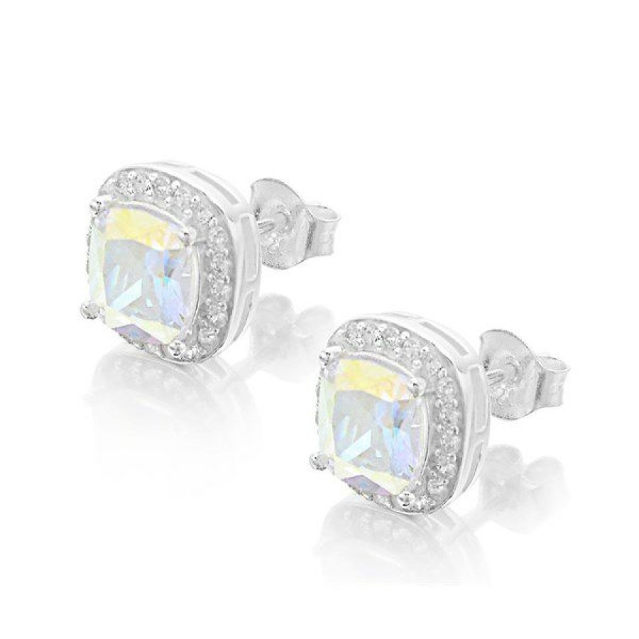 Online * Silver Cubic Zirconia Cushion Cluster Stud Earrings 10Mm F0465 Official