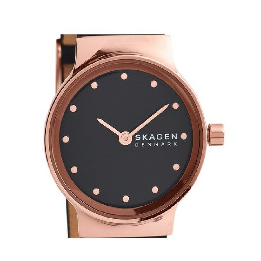 Best * Skagen Skw3004 Freja Black Leather Strap Watch W06235 With Discount