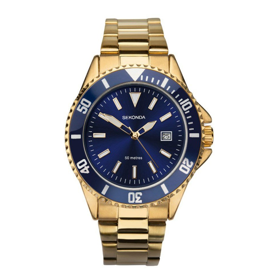 Clearance * Sekonda 1516 Gold Plated Sports Watch Blue Dial And Bezel W31244 Limit Offer