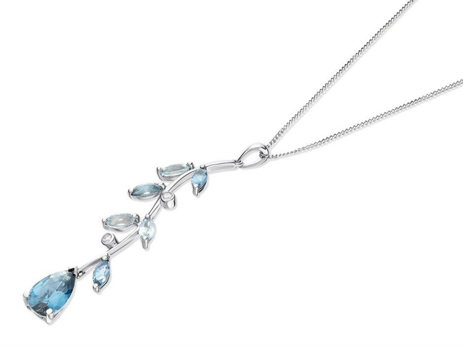 Best * 9Ct White Gold Diamond And Blue Topaz Tendril And Leaf Necklace D9863 Discount Online